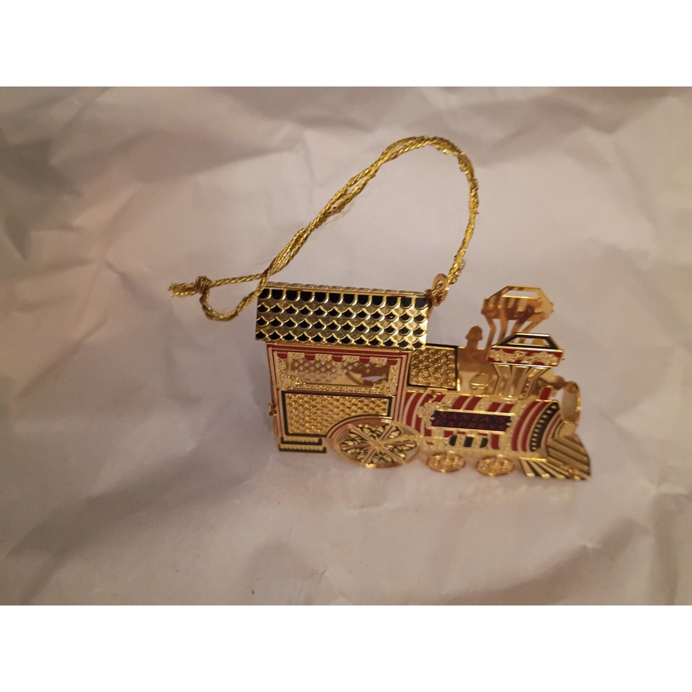 Gold Tone Filigree Santa's Express Train Locomotive Christmas Ornament Red Black - Picture 2 of 4